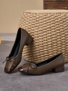 MonaNise Square Toe Low Block Heel Work Pumps - Brown - View 5