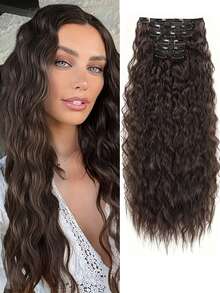 6pcs 24 Inch Black & Brown Clip-In Hair Extensions, Long Mermaid Wave Synthetic Fiber Clip-In Hair Extensions For Women - Multicolor - View 23