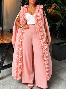 AOMEI Elegant Women's Soft Pink Loose Tulle Sheer Kimono Dress With Ruffle Front Opening And Drawstring Design, Wedding Guest Party Dress - Baby Pink - View 8