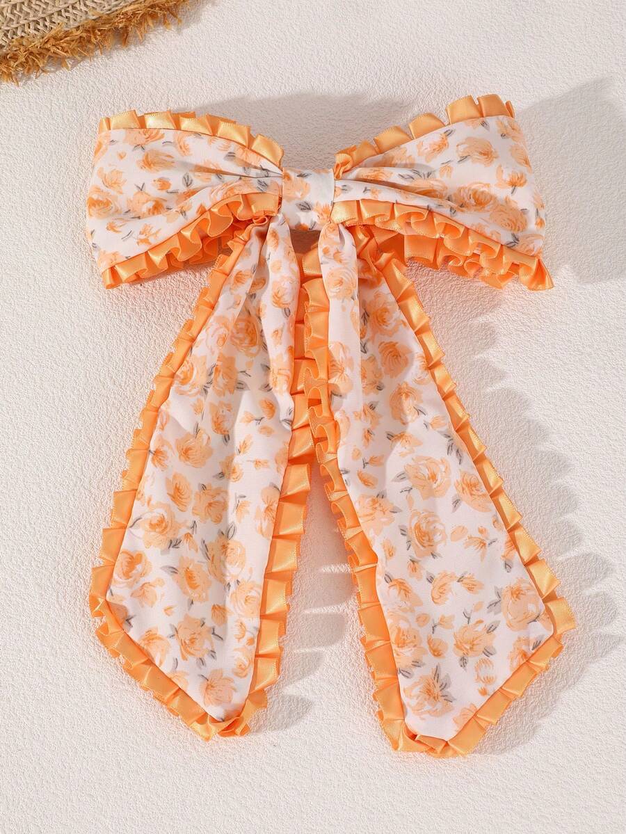 1件女款時尚優雅橘色碎花荷葉邊蝴蝶結緞帶髮夾頭飾,適合日常春夏季度假派對出遊,髮夾 - 橘色 - 查看 1