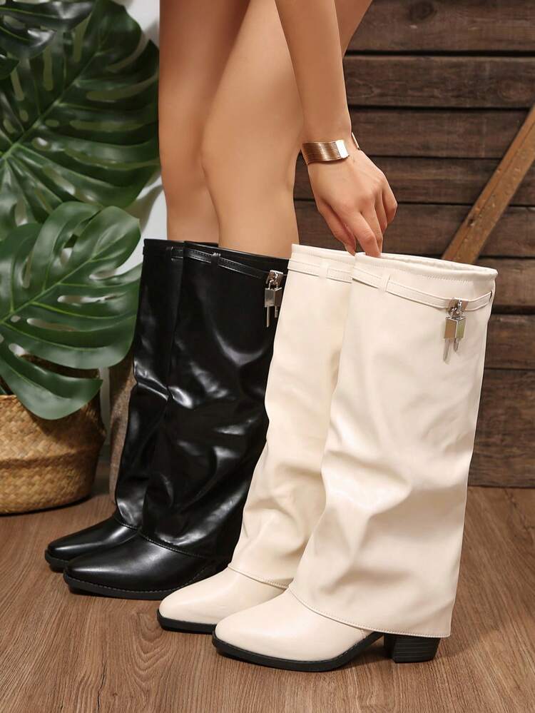 Women's High Heel Knee-High Boots With Folded Cuff, Lock Detail, Pointed Toe, Slip-On, Party Boots, Fashion Lock Buckle, Glamorous Style, Black Boots, Plus Size, Fashion PU Boots - Black - View 7