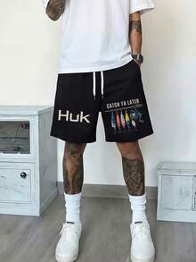 HUK Fishing Lure Printed Shorts, Men's Shorts, Daily Wear, Drawstring Waist, Elastic Waist & Pockets, Holiday Gifts, Ideal Friend Gifts. - 黑色 - 查看 1