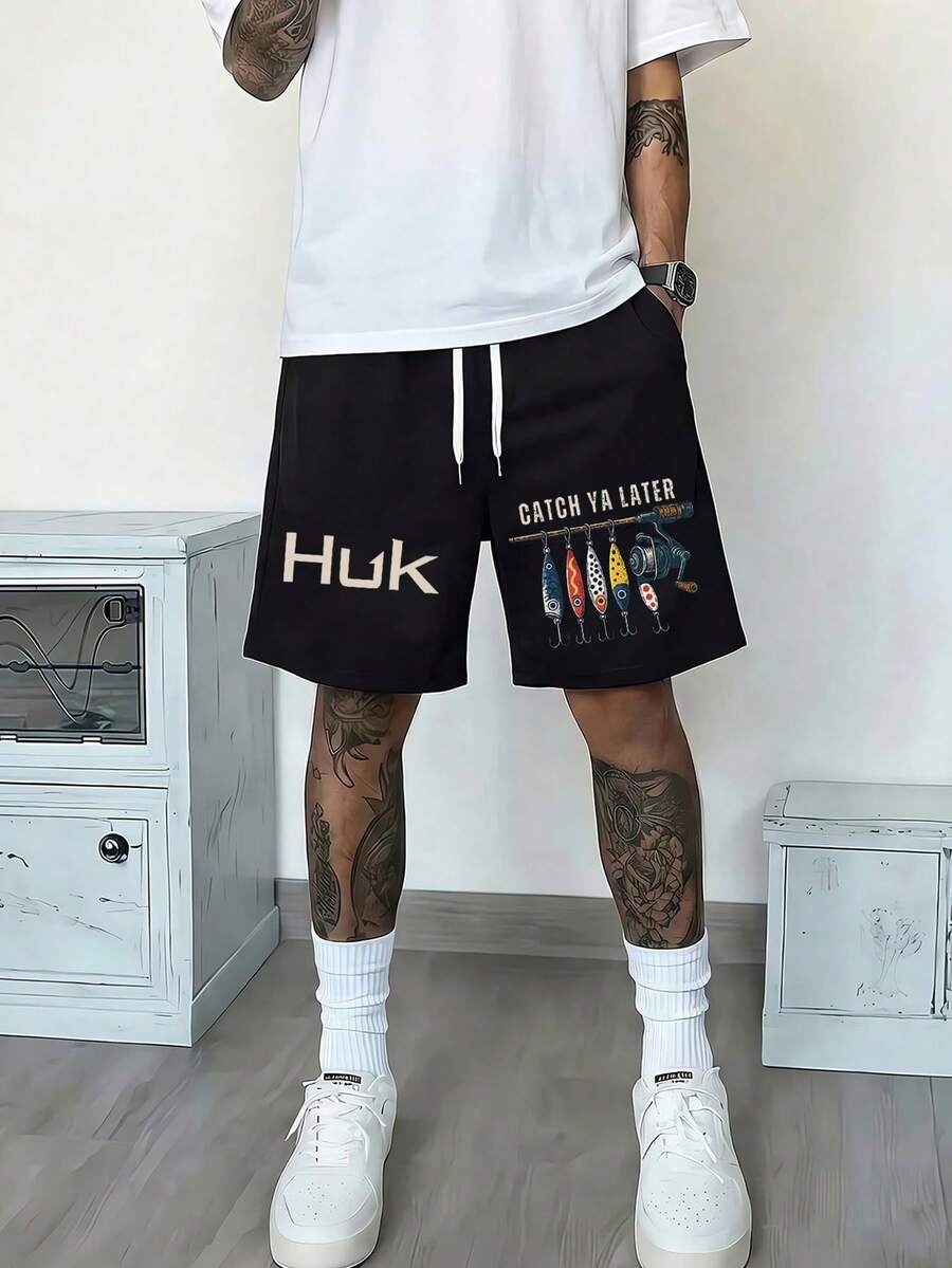 HUK Fishing Lure Printed Shorts, Men's Shorts, Daily Wear, Drawstring Waist, Elastic Waist & Pockets, Holiday Gifts, Ideal Friend Gifts. - 黑色 - 查看 1