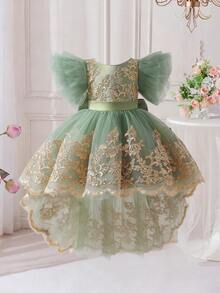 女嬰刺繡蝴蝶婚禮花童公主禮服附拖尾，適合派對與度假，布料花紋隨機裁剪，不含髮箍 - 綠色 - 查看 3
