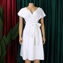 Soleil Women's 2026 New Style Elegant Commute V-Neck Tie Plus Size Dress - White - View 1