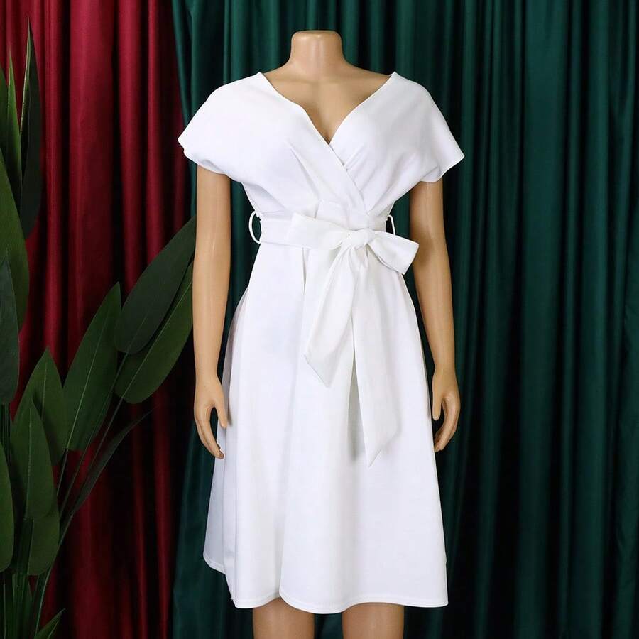Soleil Women's 2026 New Style Elegant Commute V-Neck Tie Plus Size Dress - White - View 1