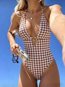 Swim Mod Traje de baño de una pieza con espalda hueca, tirantes finos y estampado de patrones azul y blanco para mujeres, verano y vacaciones en la playa 2026 - Marrón - Ver 1