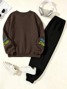 2pcs/Set Crew Neck Hoodless Sweatshirt With Printed Football, Helmet And Letter Patterns, Paired With Simple Sports Pants, New Autumn/Winter Outfit - Brown - View 5