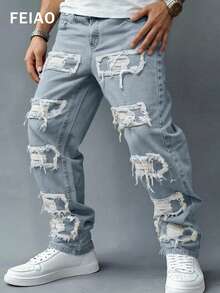 FEIAO Men's Retro Casual Slim Fit Distressed Denim Jeans, Suitable For Casual, Commute And Holiday Wear - Blue - View 1