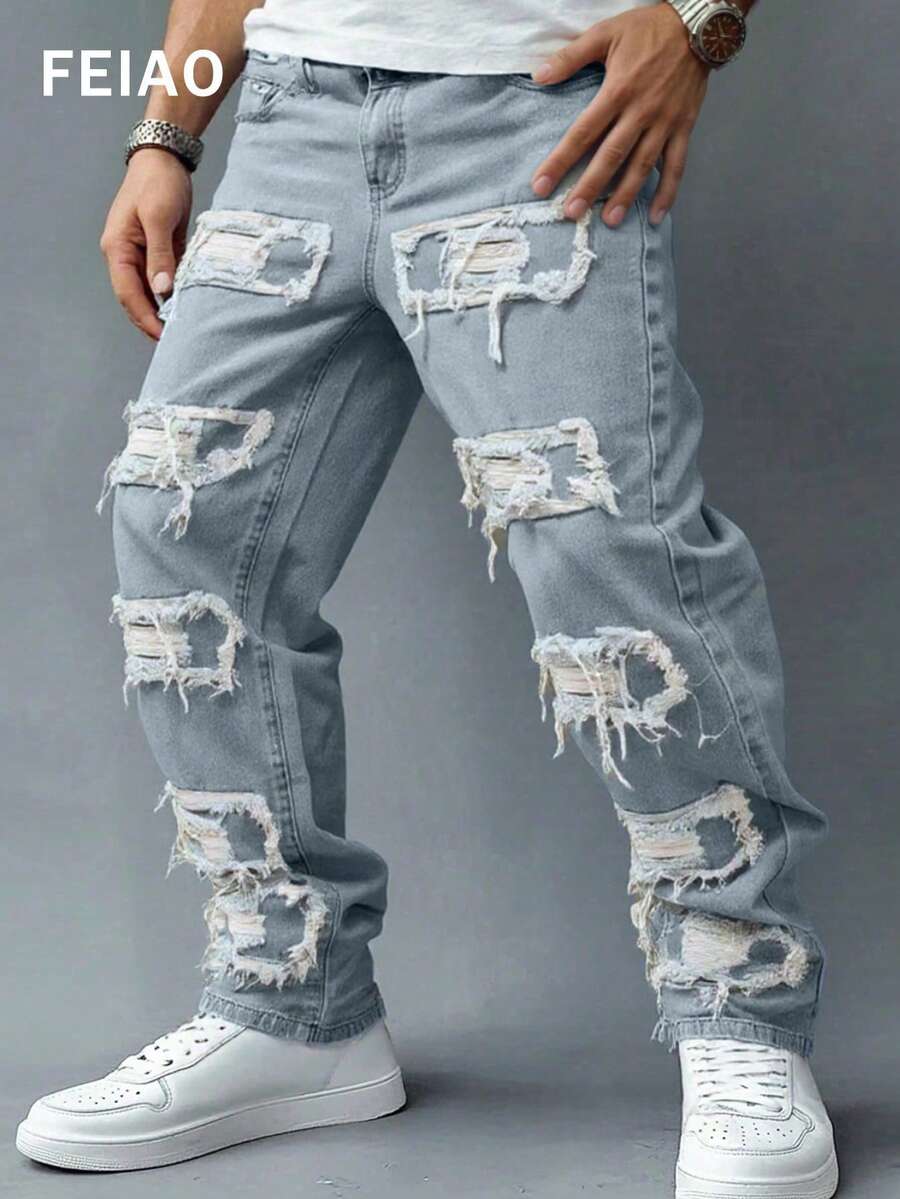 FEIAO Men's Retro Casual Slim Fit Distressed Denim Jeans, Suitable For Casual, Commute And Holiday Wear - Blue - View 1