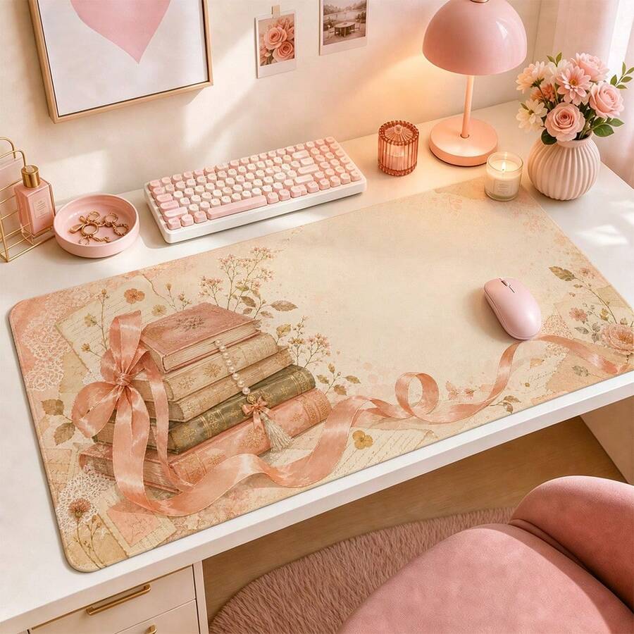 وسادة مكتب كبيرة بتصميم شريط الخوخ والمكتبة، وسادة ماوس بأسلوب حلو لعاشقات الكتب والفتيات المراهقات، وسادة لوحة مفاتيح بلون كريم الخوخ، وسادة ماوس مكتبية ممتدة مضادة للانزلاق للألعاب، ديكور سطح مكتب لطيف للقراءة هدية، مناسبة لغرفة السكن الجامعي والكمبيوتر المحمول والكمبيوتر الشخصي - مشاهدة 1