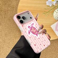 1 pièce Étui de téléphone en matériau TPU 2-en-1 avec motif rayé rose, cœur et tortue, compatible avec iPhone 17/17promax/17pro/Air/13/16promax/16/15/14/12promax/13promax/11pro/14pro/15pro/12, coque souple de protection à la mode, luxe premium - Multicolore - Voir 1