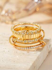 5th Ring 精緻立方鋯石 18K 金多層可疊戴戒指，中性款，適合日常穿戴、派對與夜店 - 金色 - 查看 3