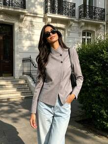 Women Commute High Street Blazers Fashion Women Stand Collar Blazer Elegant Vintage Lady Blazers - Grey - View 3
