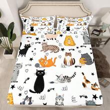 3-Piece Cute Cartoon Kitten Print Bedding Set (1 Fitted Sheet + 2 Pillowcases, No Inserts). Soft Skin-Friendly Polyester Material, Hand Washable Or Machine Washable. Simple And Cute Design, Suitable For Bedroom, Guest Room, Dormitory And Travel Use. - Multicolor 2 - View 4