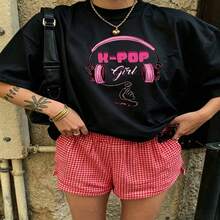 Cute K Pop Girl Graphic T-Shirt 100% Cotton Oversized Soft Breathable Casual Crewneck Short Sleeve Top Daily Casual Street Style Aesthetic Daily  Basic Casual Wearers Fashion Lovers Daily Outfit Enthusiasts Gift Givers - 黑色 - 查看 18