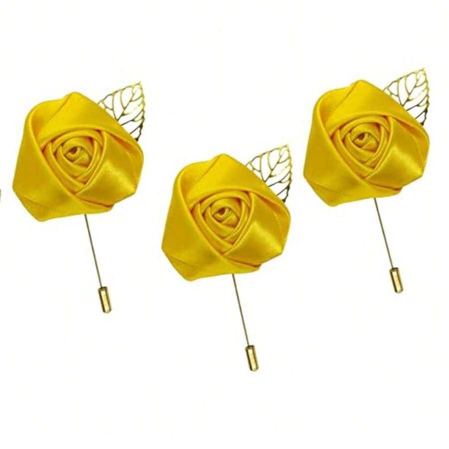 3 pzas Alfiler para Solapa Boutonniere Hecho a Mano de Listón Fistol, para Boda Novio Padrino o Dama de Honor, hombre, fiesta o graduación - Amarillo - Ver 1