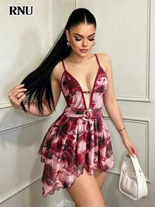 Women's New Elegant Sexy Metal Button Decor Party Dress, Vintage Style Irregular Pattern Vacation Outfit, Suitable For Beach, Commuting And Afternoon Tea With Friends; Made Of Advanced High Elasticity Fabric, Mini Fit, Slim Lines, A-Line Skirt, Sleeveless Design, Asymmetric Hem, Showcasing Fashion Charm - Multicolor - View 10