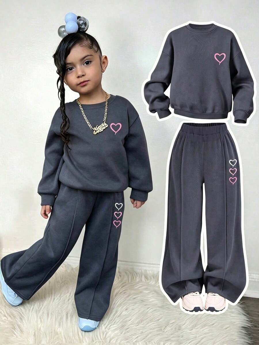 Tween Girl Cartoon Heart Print Crew Neck Long Sleeve Top And Pants - Dark Grey - View 1
