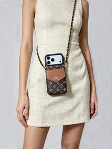 1 pieza Funda de teléfono cruzada con estilo de fragancia de lujo, monograma, contraste y cierre de cadena, cuero acolchado con patrón vintage premium, funda protectora portátil con cadena de cuero para monedas y tarjetas para mujeres, compatible con Apple/ Galaxy S24 Ultra/ 17 Pro Max/16 Pro Max/12 Pro/13/14 Plus/15 Pro Max - Marrón - Ver 2
