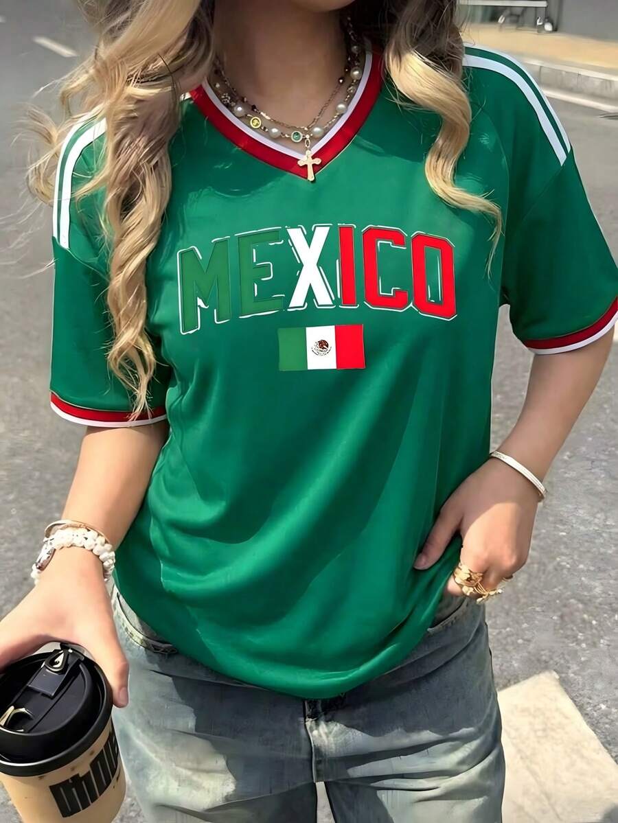 Loose-Fitting Women's T-Shirt, Printed With The Colors Of The National And The Mexican Flag, Ideal For The National Team. Comfortably Soft For Everyday Wear. - 黃色 - 查看 1