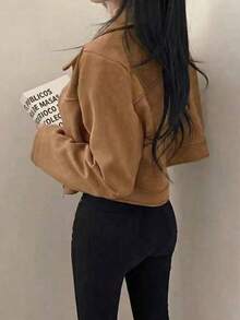 Women's Faux Suede Zip-Up Jacket, Collared, Solid Color, Casual Wear For School, Airport, Spring & Autumn - Yellowish Brown - View 5