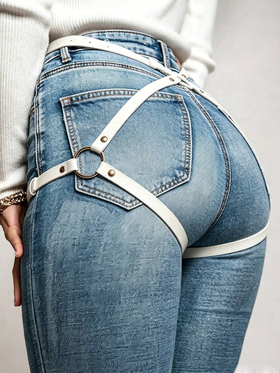 1件裝 女款性感白色PU皮革身體束帶，附大腿綁帶與吊襪帶，萬聖節嘉年華派對配件