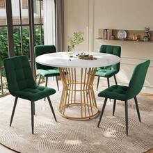 Dining Set (5 Pieces), Including A Table And Four Chairs, A Round Table 100 Cm In Diameter With Gold Metal Legs, A White MDF Top And Green Velvet Dining Chairs. - 彩色 - 查看 12
