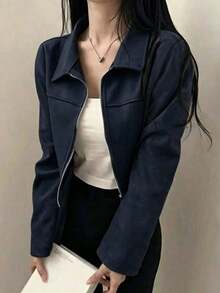 Jaket Wanita Musim Semi/Gugur, Kerah Berlipat, Bahan Suede Imitasi Warna Polos, Penutup Resleting, Cocok untuk Sehari-hari, Kuliah, dan Bandara - Royal Blue - View 4