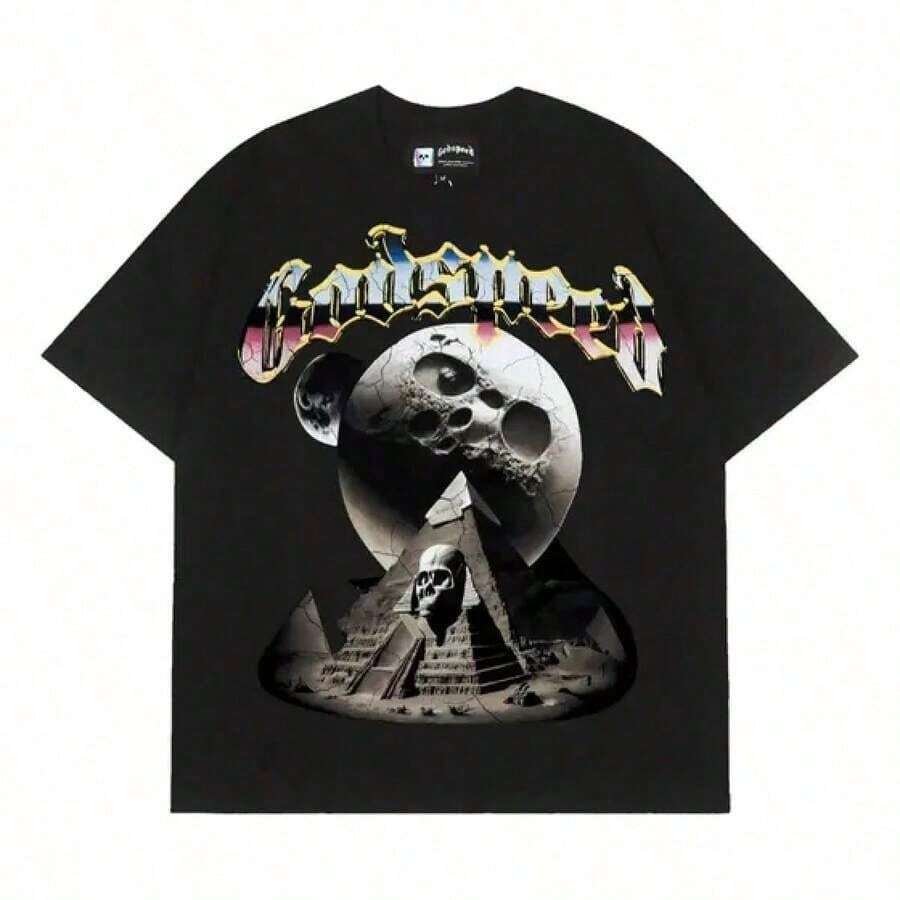 Men T Shirt"Godspeed Rock Legend"Printed Street Style For Men T Shirt,Lightweight Cotton T Shirt,Features Unique And Striking Mexican Folk Art Patterns,Men's Printed Round Neck Short Sleeve Shirt T Shirt,Summer Casual Tops. - Black - View 1