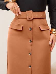 Our Fashionable Women's High-Waisted Midi Skirt With Front Buttons And Belt – Elegant And Versatile In Faux Leather 2026 - 摩卡棕 - 查看 6