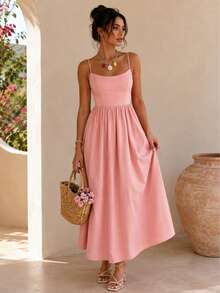 Spring/Summer New Fashionable Minimalist Elegant Daily & Vacation Adjustable Strap Dress, Regular Sizes For Women - Pink - View 4