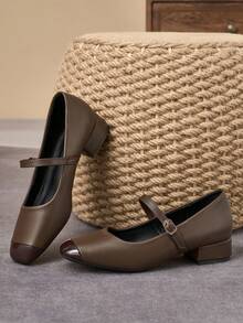 MonaNise Square Toe Low Block Heel Work Pumps - Brown - View 5