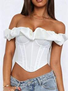 Apperloth A Elegant White Strapless Corset Top, Cold Shoulder Ruffle Trim, Lace-Up Back Design, Boning Structure, Summer Style - White - View 3