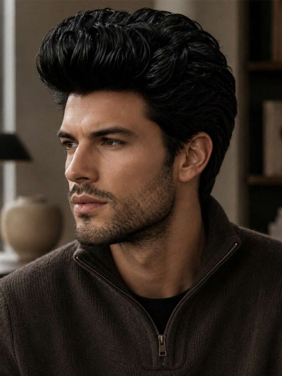 8 Inch Black Synthetic Fiber Natural Fluffy Wig For Men, Breathable, Suitable For Parties, Christmas, Music Festivals, COSPLAY, Versatile Styling Wig Cap, Halloween - Black - View 1