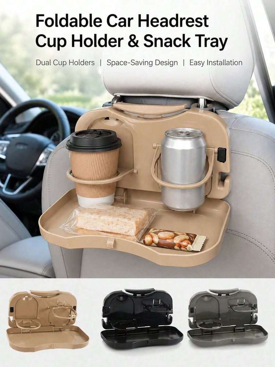 Foldable Car Back Seat Headrest Food Tray Table, Dual Retractable Cup Holders, Universal Car Rear Seat Beverage & Snack Storage Organizer, Portable Car Headrest Mounted Dining Tray Accessory