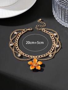 1pc Sparkling Vacation Style Line Tassel Handmade Oil Drip Vibrant Orange 5-Petal Flower Pendant Women's Multi-Layer Anklet - Orange - View 6