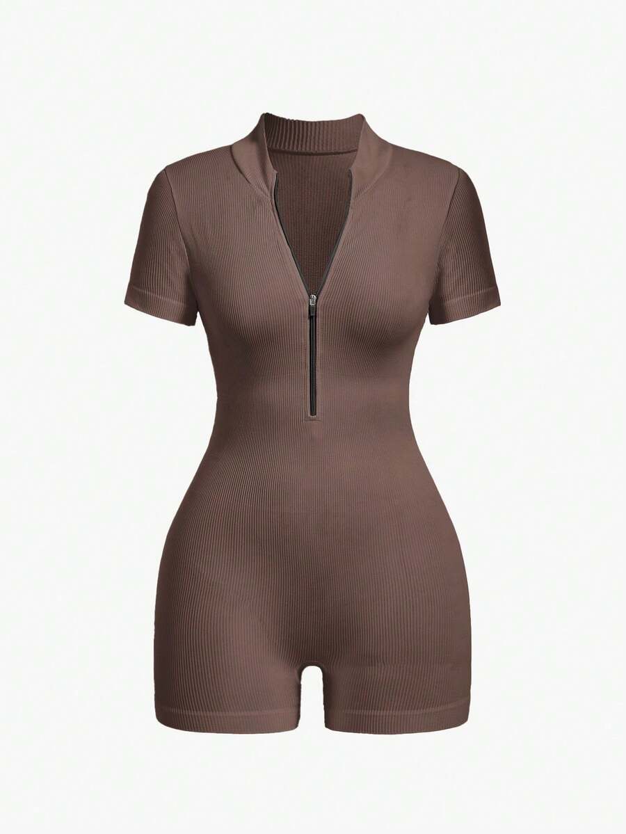 Ribbed Knit Jumpsuit With Half Zip - Khaki - View 1