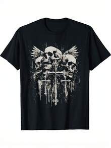 1Gothic Skull Pattern T Shirt - Y2K Style,With White Print,Black Background,Casual Short Sleeve Round Neck,Comfortable Fit,Unisex,Suitable For Daily Wear In Summer,Machine Washable,Gothic Style Clothing. - 黑色 - 查看 1
