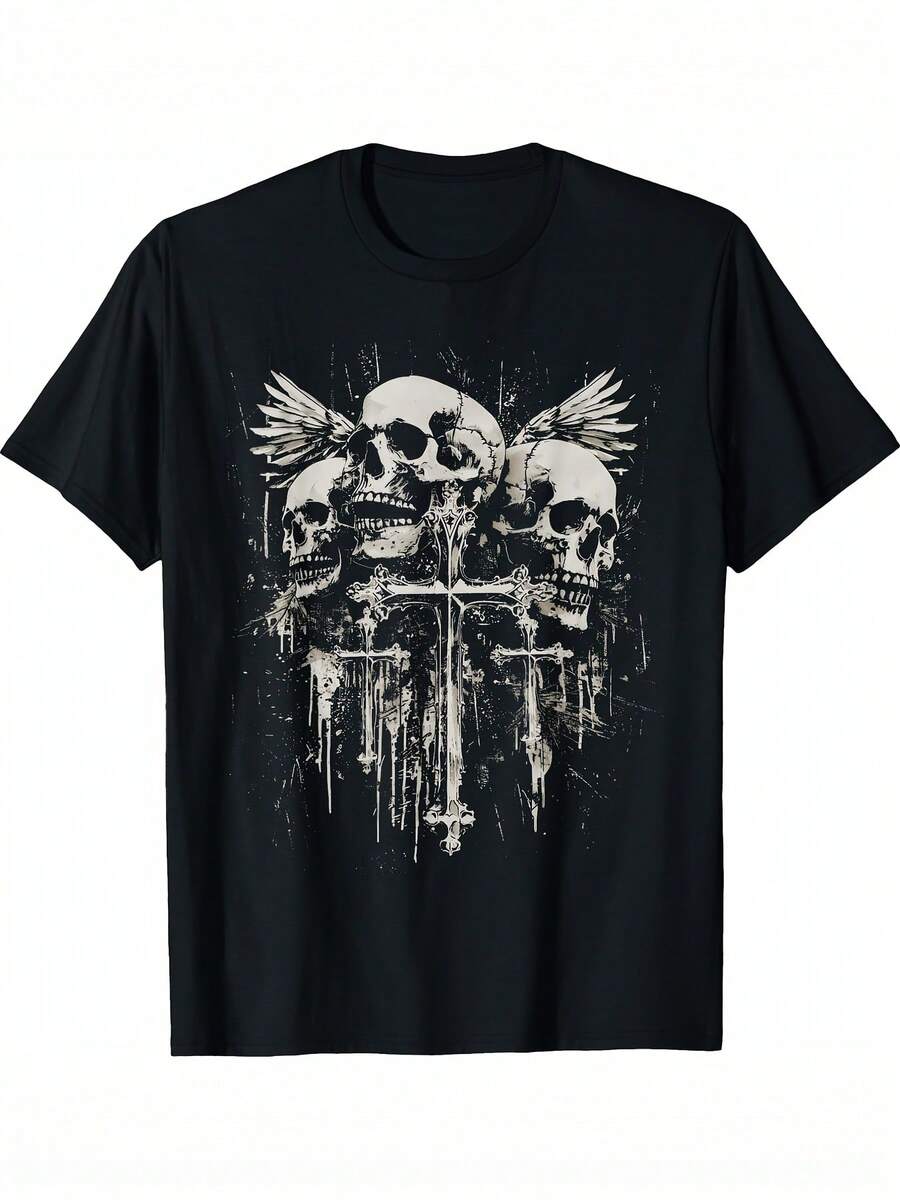 1Gothic Skull Pattern T Shirt - Y2K Style,With White Print,Black Background,Casual Short Sleeve Round Neck,Comfortable Fit,Unisex,Suitable For Daily Wear In Summer,Machine Washable,Gothic Style Clothing. - 黑色 - 查看 1