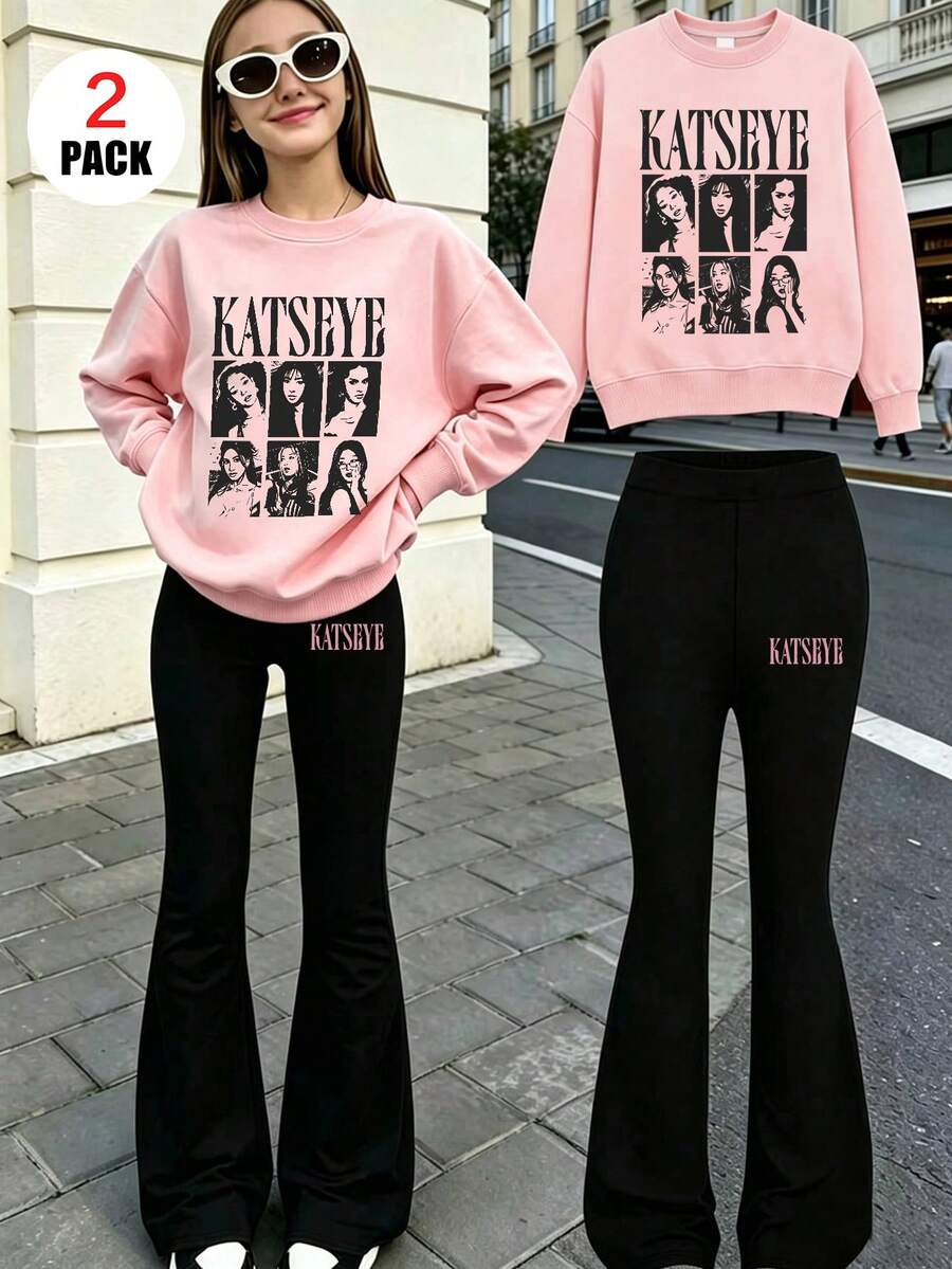 2pcs/Set Girls Vintage Print Crew Neck Long Sleeve Sweatshirt And Leopard Print Flare Pants, Fashion Casual, Suitable For Autumn/Winter - Multicolor - View 1