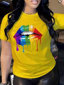 Nueva camiseta de manga corta para mujer, estampado de festival de arcoíris, ideal para primavera y verano - Amarillo - Ver 1