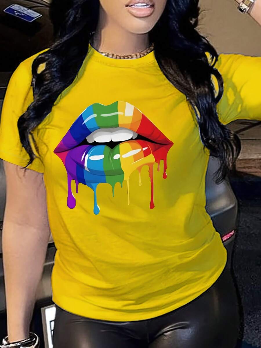 Nueva camiseta de manga corta para mujer, estampado de festival de arcoíris, ideal para primavera y verano - Amarillo - Ver 1