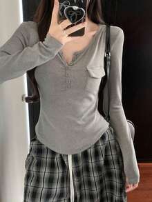 Designer Niche Long Sleeve T-Shirt Women Autumn Minimalist Versatile Slim Fit Flattering Casual Base Layer Top - Grey - View 2