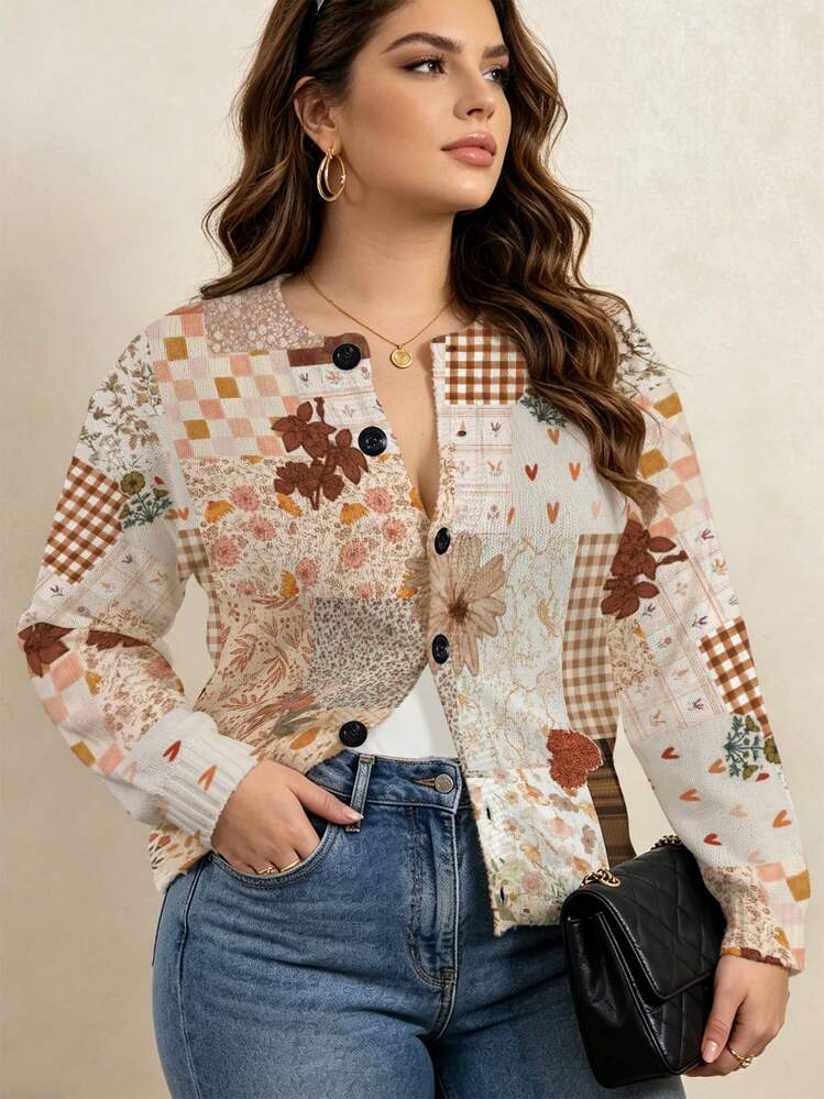 ASHKATIA Áo len nữ size lớn, họa tiết hoa ghép vintage, in không định vị, phong cách retro Mỹ casual, cardigan len gân cổ tròn, cài nút trước, phù hợp mặc mùa thu/đông, đi làm đi chơi hàng ngày - Nhiều màu - Xem 2