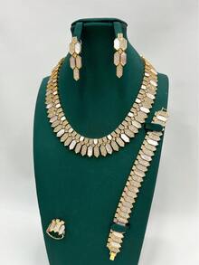 4pcs/Set Luxury Jewelry Set Necklace Bracelet Earrings Ring, Dubai Middle East Saudi Arabia Popular Round Gold Shell Cute Sweet Gorgeous Elegant White Shell Micro-Inlaid Zirconia Jewelry Set, Daily Wear, One Size, Flower Design, Gift For Girlfriend/Friend - Four-piece Set 1 - View 13