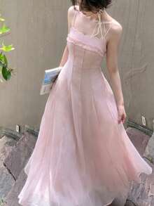Spring/Summer New Baby Pink Ruffle Bustier Dress, Slim Fit A-Line Fairy Style Beach Outfit Wedding Party - Baby Pink - View 2