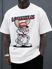 Men's White T-Shirt With A Fun Los Angeles Rabbit Design, Perfect For Casual Hop-Style And Urban Wear. Modern, Printed, And Machine Washable. - White - View 1