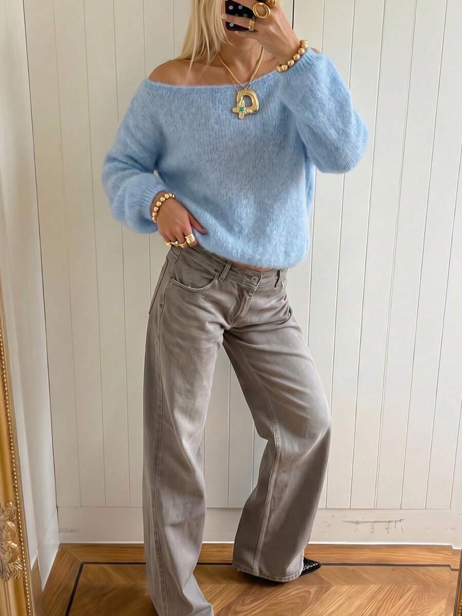 MORI Fall Winter Sexy Y2K Chic Light Blue Off Shoulder Fuzzy Knit Sweater Pullover Oversized Tops Women Streetwear Going Out Dating Outfits - Light Blue - View 1