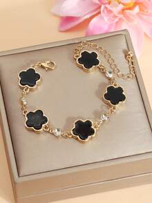 1pc Fashion Minimalist 5-Petal Flower & 5-Leaf Clover Bracelet, Sweet & Versatile For Summer, Rhinestone Inlaid, Stylish Charm, Perfect For Daily Wear/Gift - Black - View 6